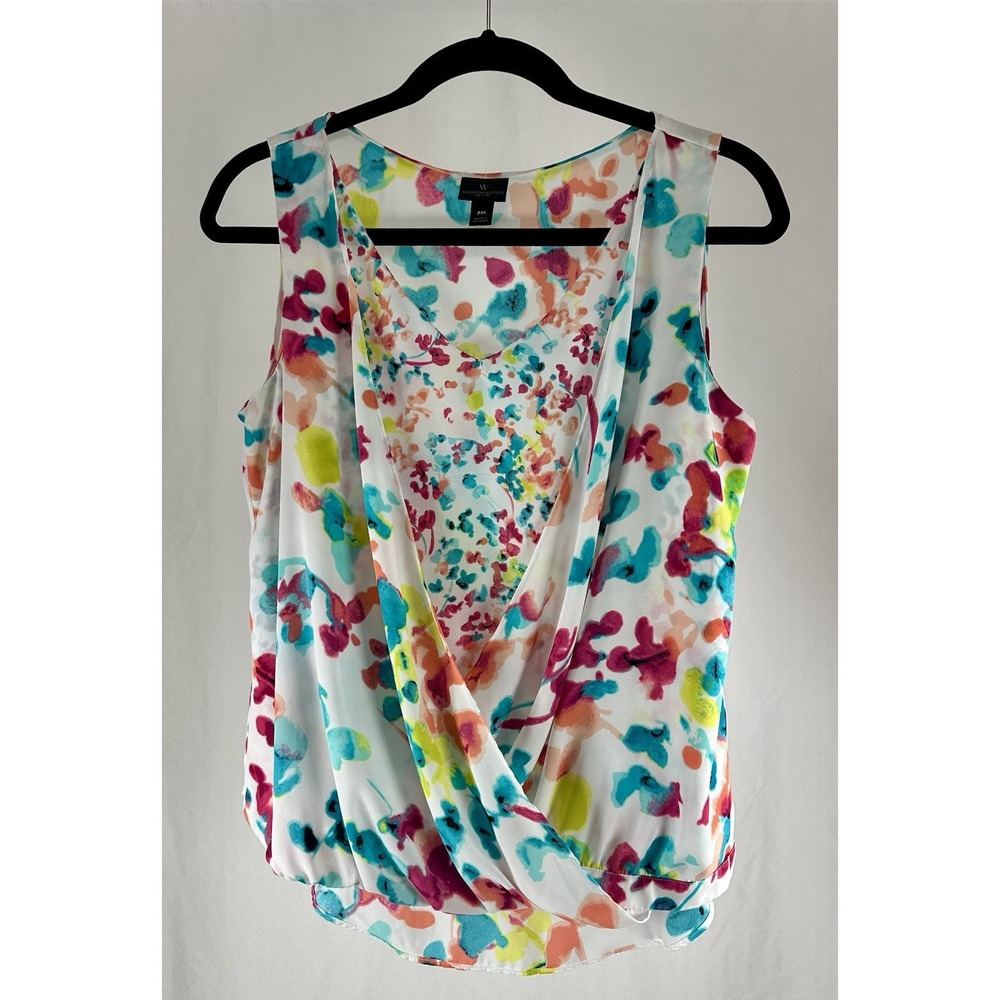 Worthington Petite PM Blouse Watercolor Floral Drape Front Sleeveless Top